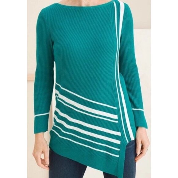 Chico's Striped Asymmetrical Hem Tunic Pullover Sweater Jade 3 P = XL P NWT - Picture 1 of 5